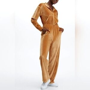 Fabletics Women's Velour Wide Leg Zip-Up Onesie Jumpsuit Honey Gold Medium